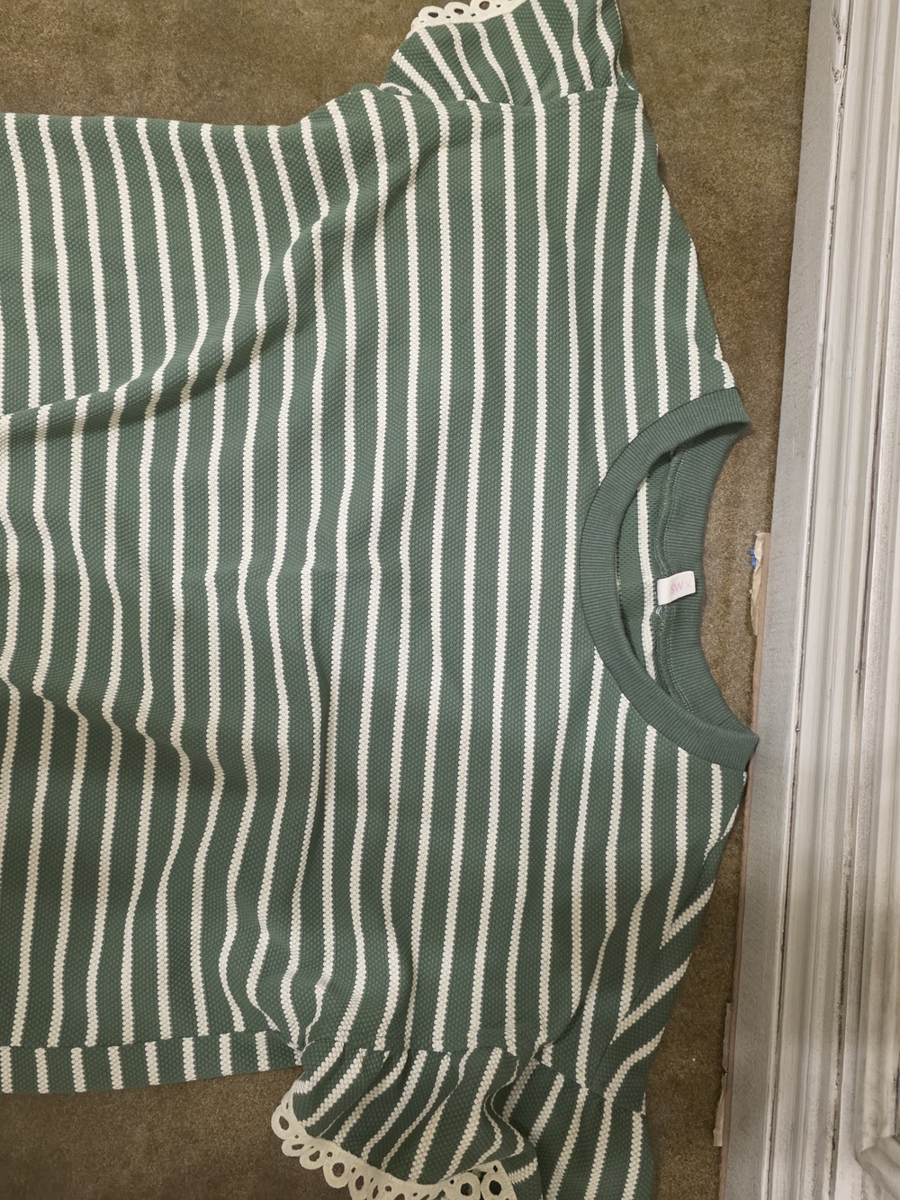 SHEWIN XL Green & Cream Striped Knit Sweater Ruffle Sleeve Top